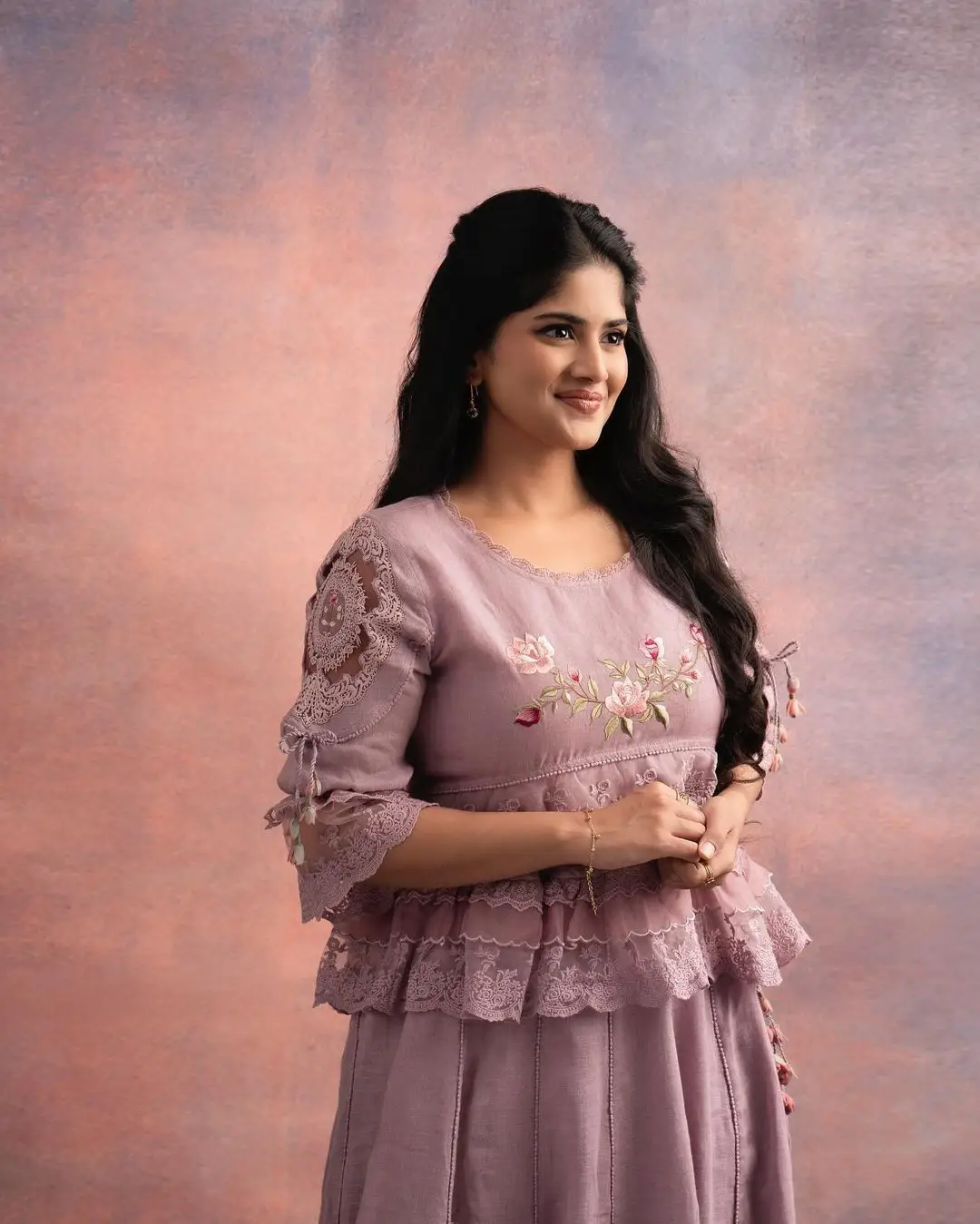 Malayalam Actress Megha Akash In Violet Gown